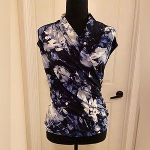 Vince Camuto Blue Floral Faux Wrap Sleeveless Ruched Blouse Size S